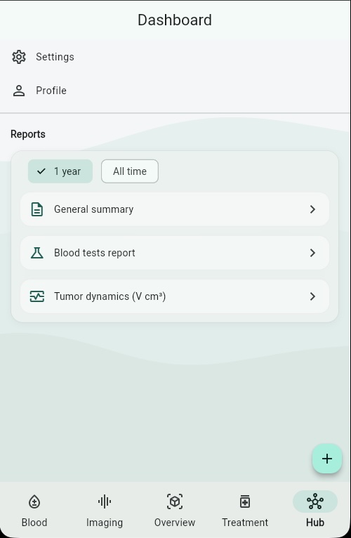 Hub screen showing Settings, Profile, and Reports section with General summary, Blood tests report, and Tumor dynamics report options