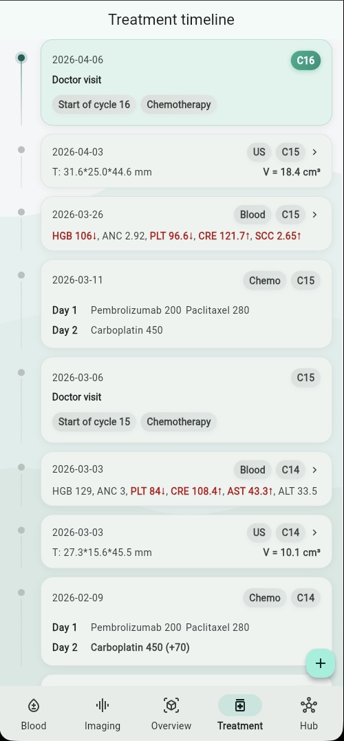 Treatment timeline showing chronological list of doctor visits, chemotherapy sessions, blood tests, and imaging studies linked to treatment cycles
